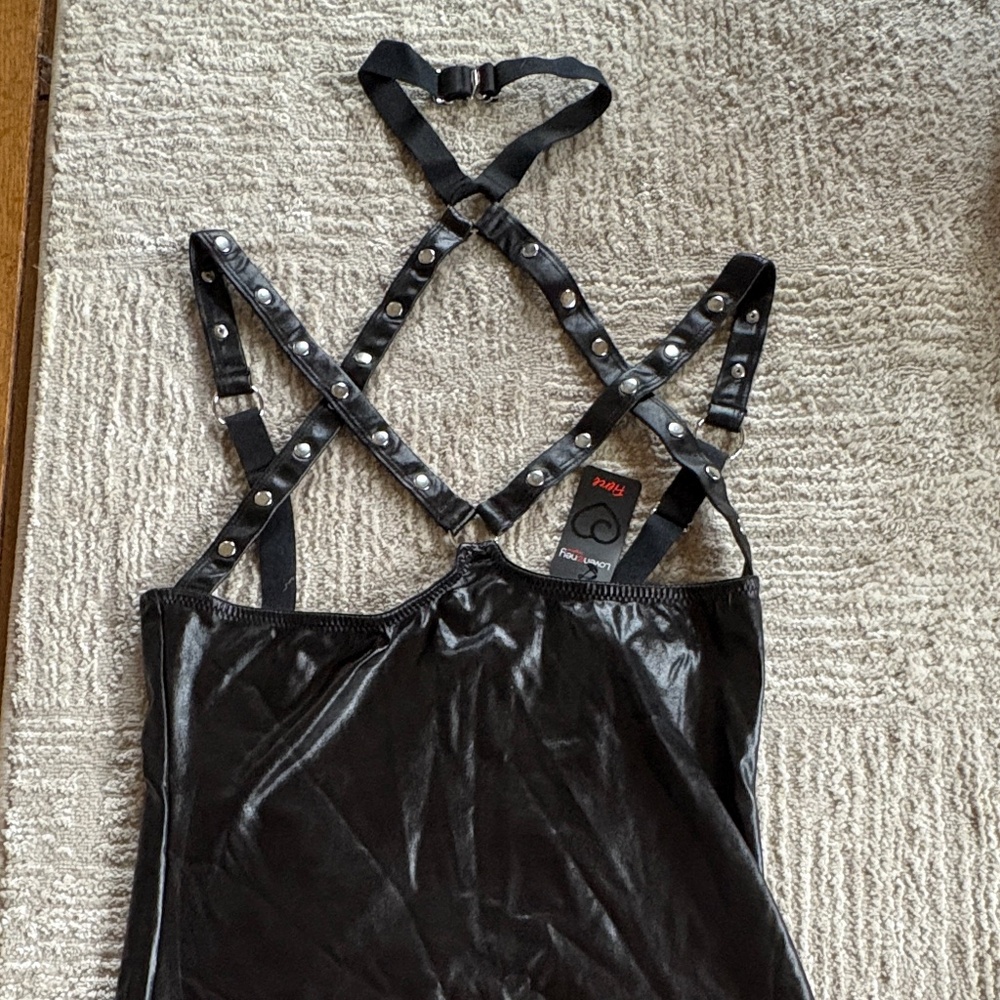 Lovehoney Wet Look Studded Mini Dress Black Large NWT Faux Leather Harness Style